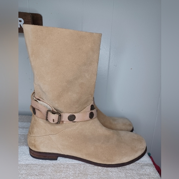 Free People Beige Suede Heeled Boots with Strap Accents NWOT - Picture 7 of 10